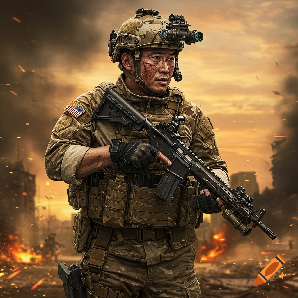 A soldier in military gear holding a rifle stands in a destroyed city background with fires.