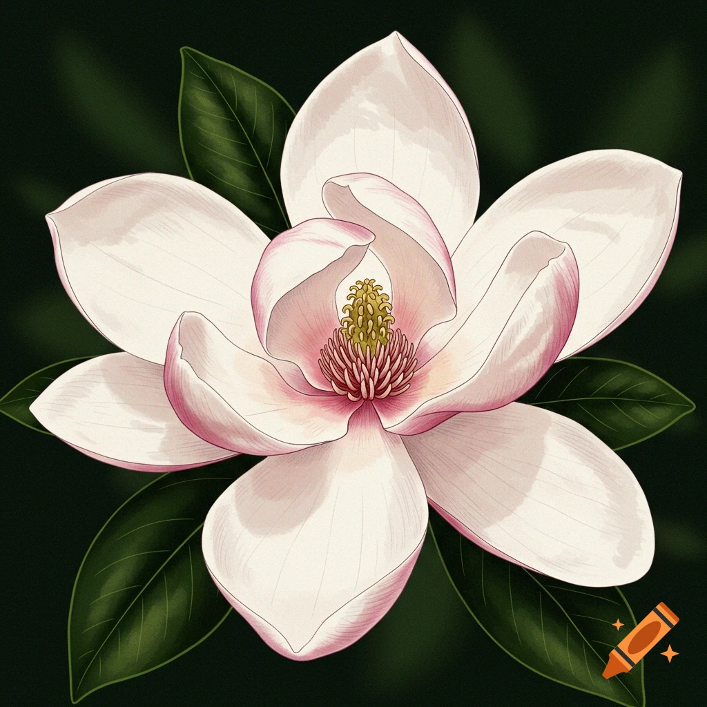 Illustration of a pink and white magnolia flower on a dark background.