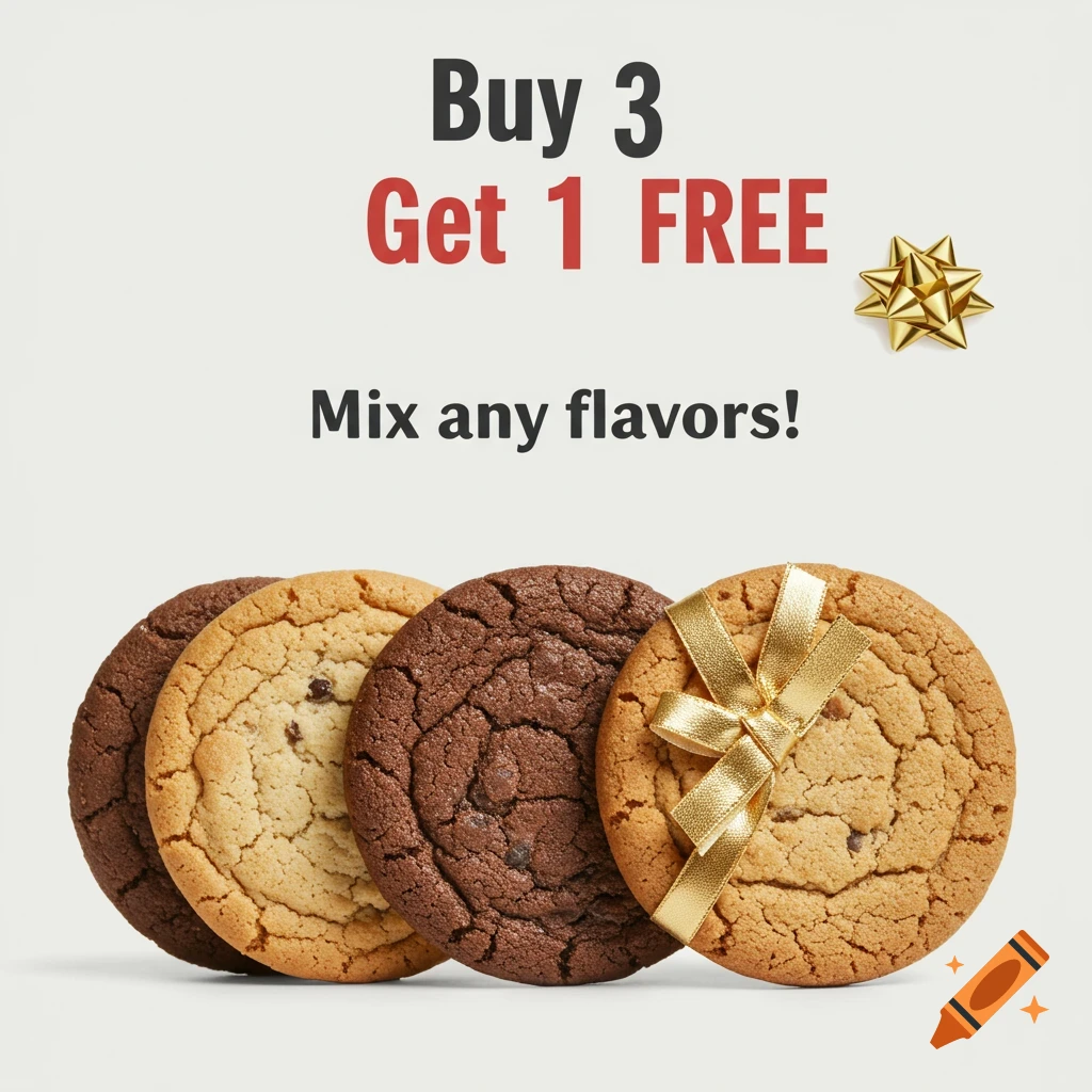 Four cookies with text 'Buy 3 Get 1 FREE Mix any flavors!' and a gold ribbon on one.