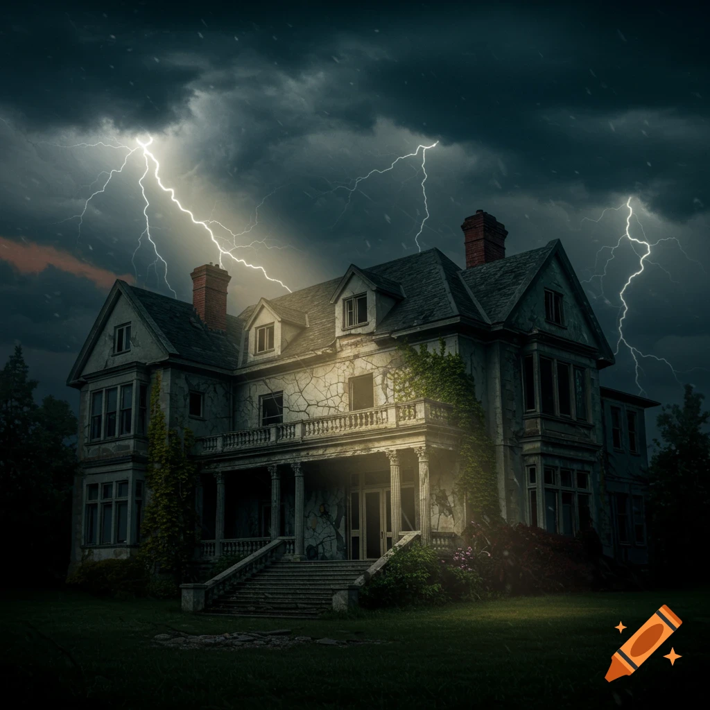 A dilapidated mansion under a stormy sky with lightning.