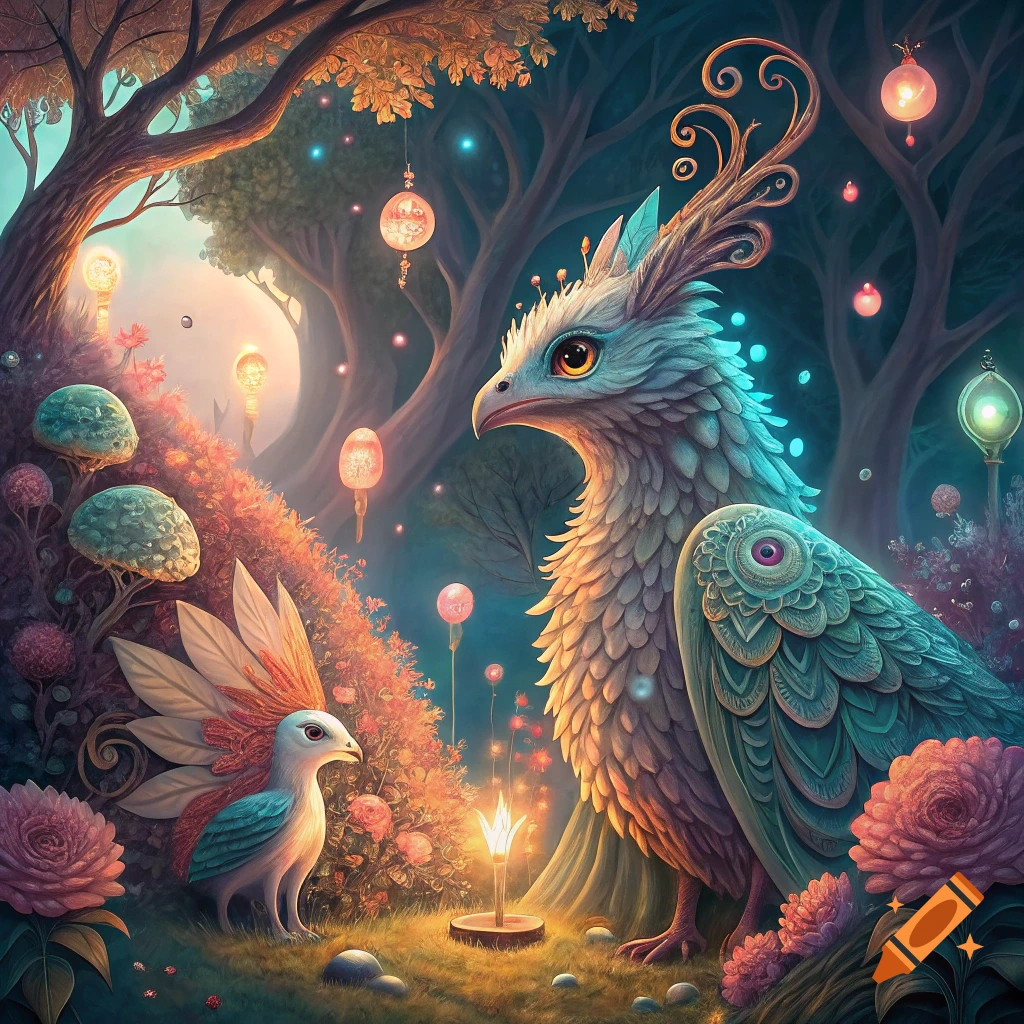 Two fantasy bird creatures in a magical forest with glowing lights and flowers, in an illustrative style.
