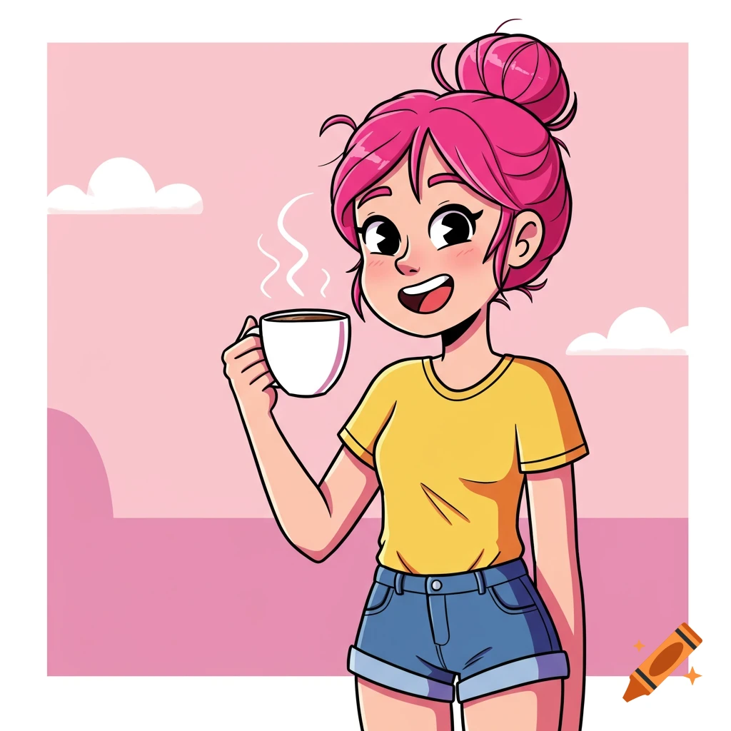Cartoon illustration of a girl with pink hair drinking coffee
