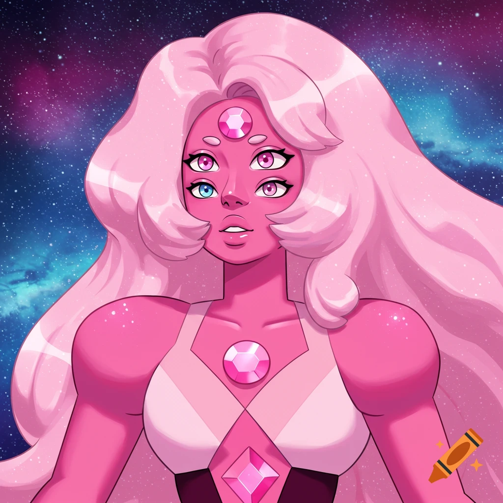 Portrait of a pink cartoon character with long pink hair, four eyes, and gems, against a starry space background.