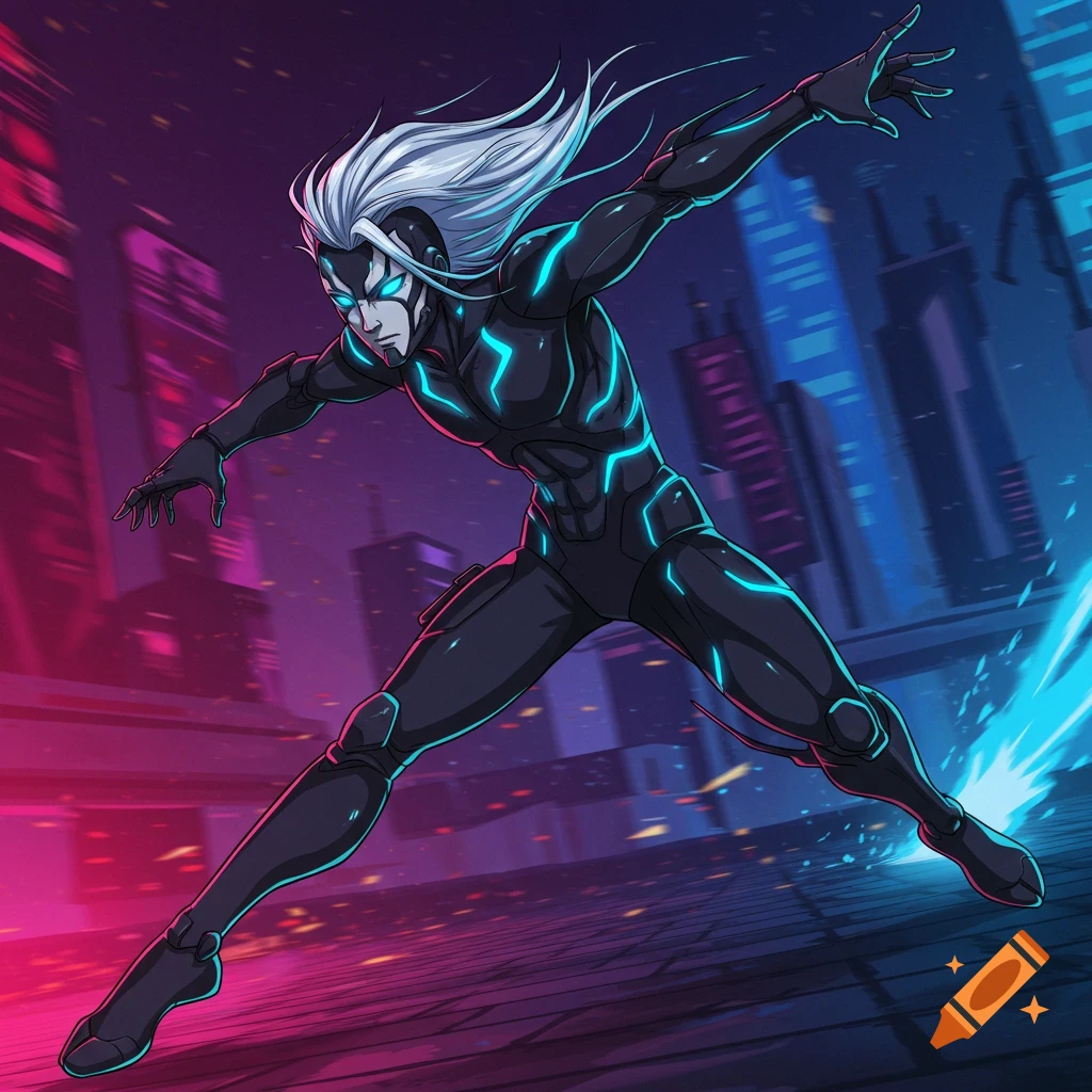 Anime style illustration of a futuristic ninja android leaping through a city at night