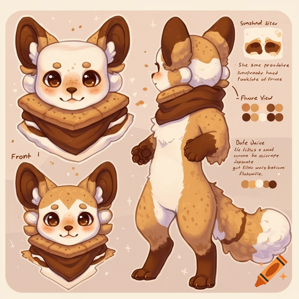 Digital art reference sheet of a cute smore-themed fursona character.