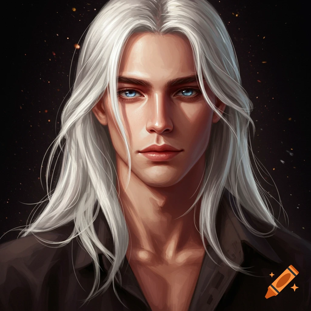 A handsome man with long white hair and blue eyes.
