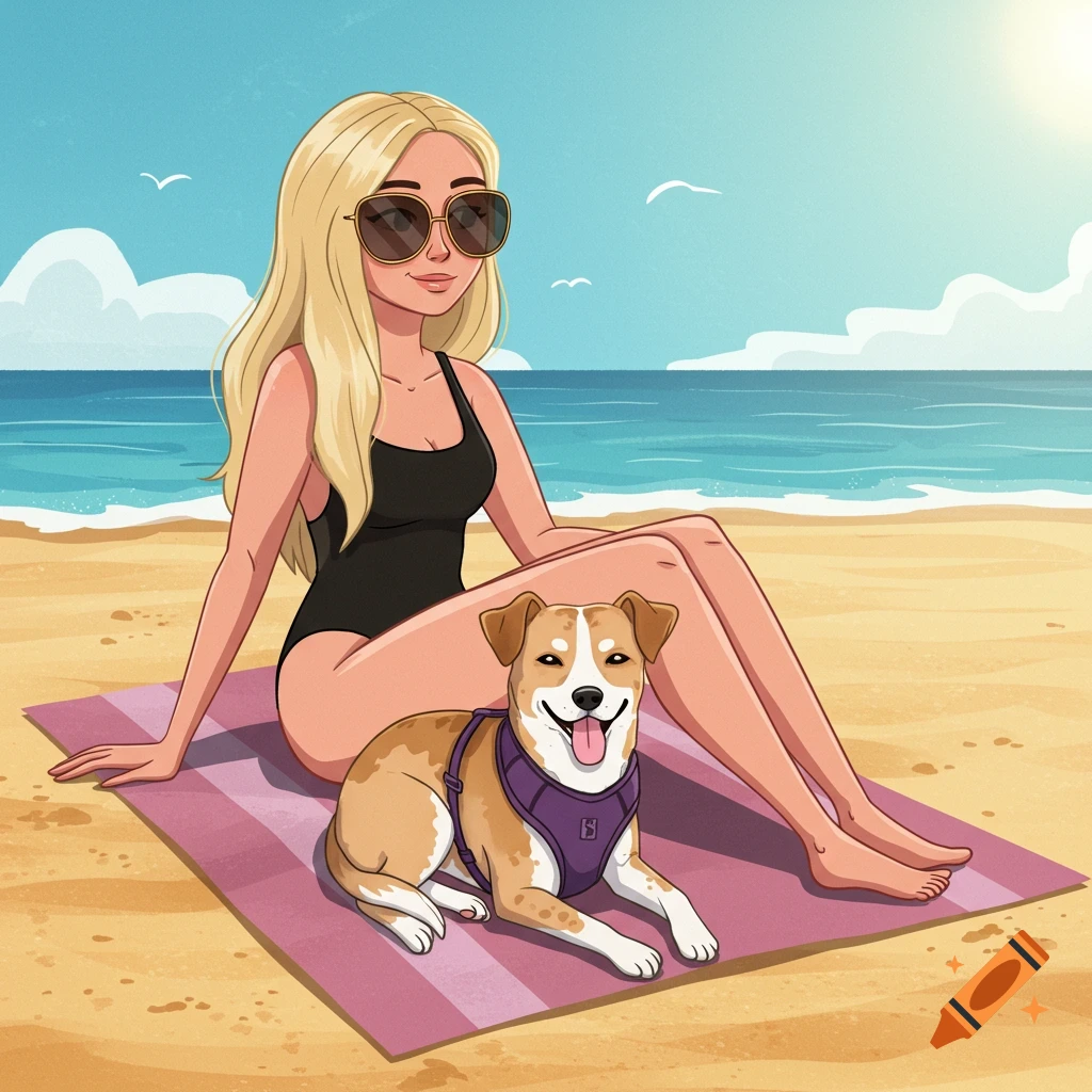 Cartoon Of Woman With Dog On Sunny Beach On Craiyon Cartoon of woman with dog on sunny beach on craiyon