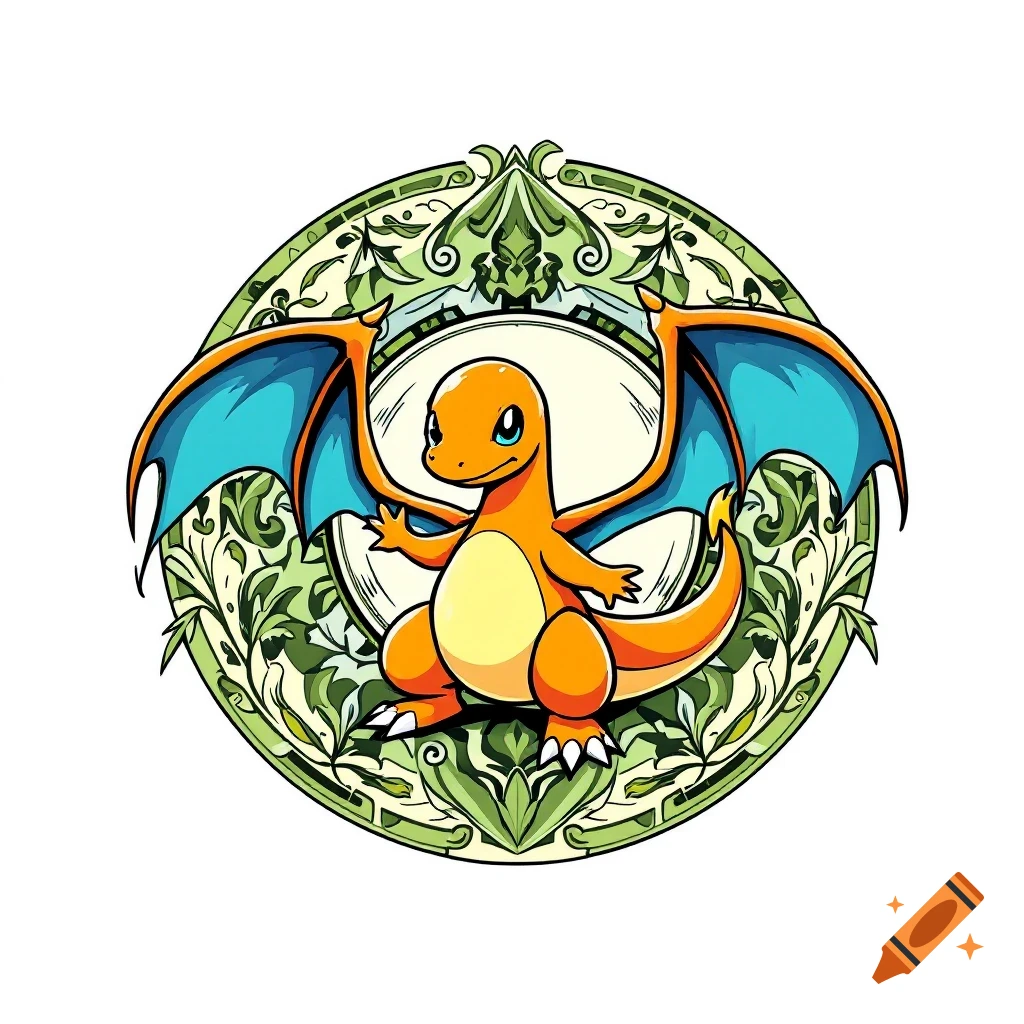 Cartoon illustration of Charizard in a circular green foliage frame.