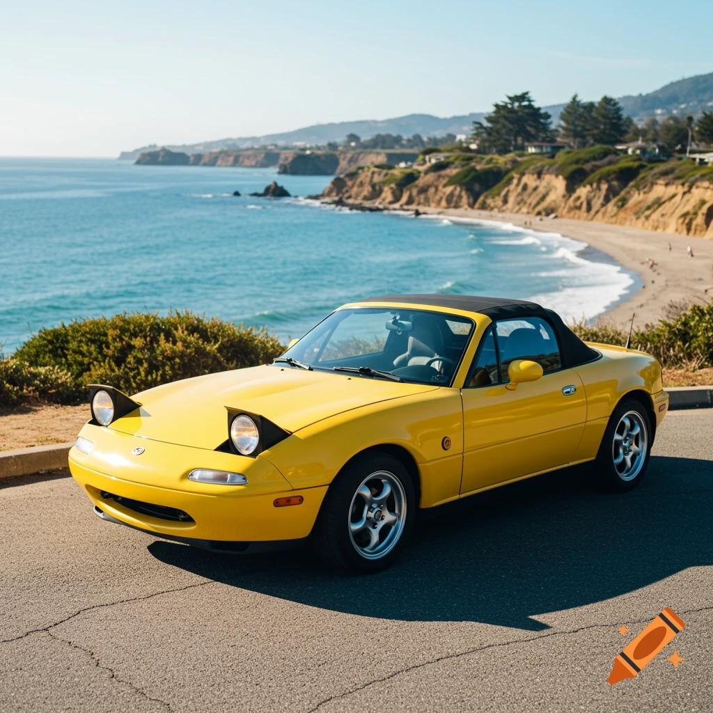 Yellow Mazda Miata convertible parked on road overlooking sunny coastline and beach