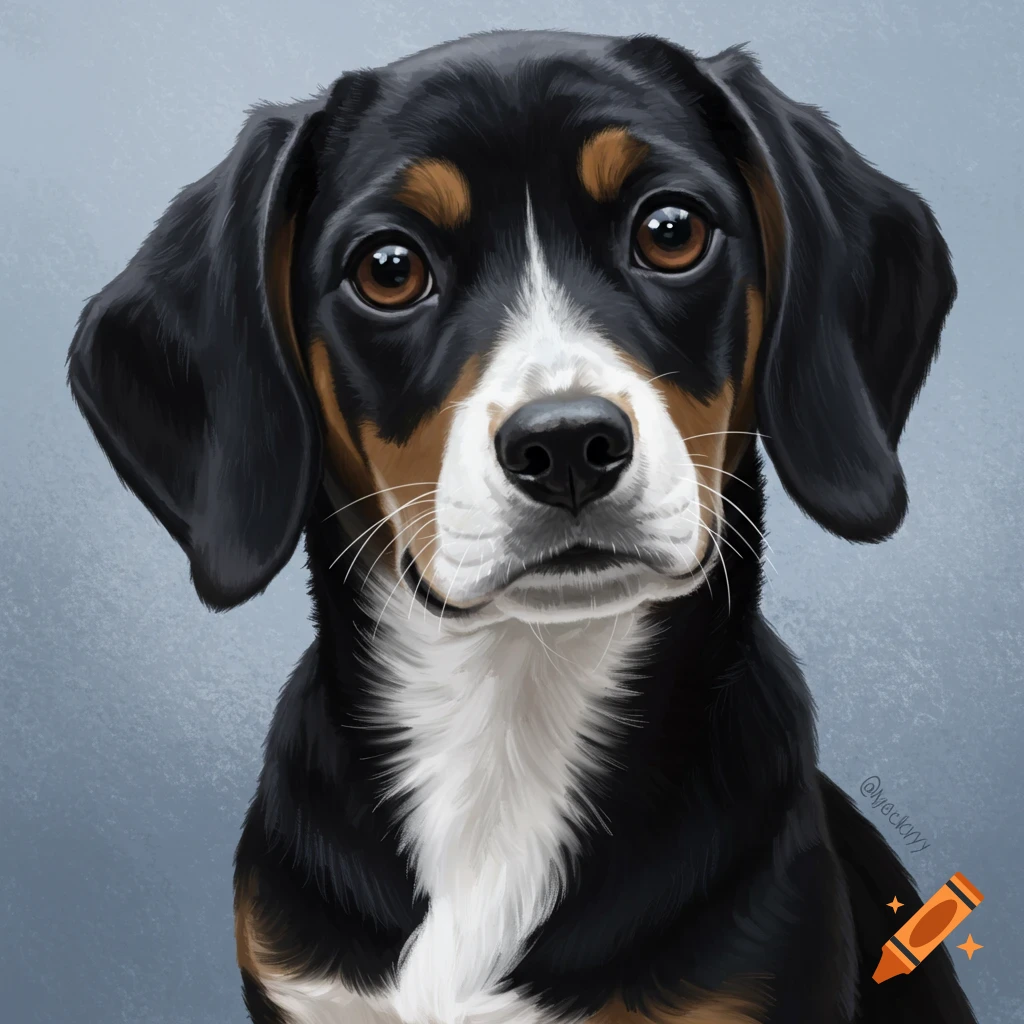 Close-up portrait of a tricolor dog's head