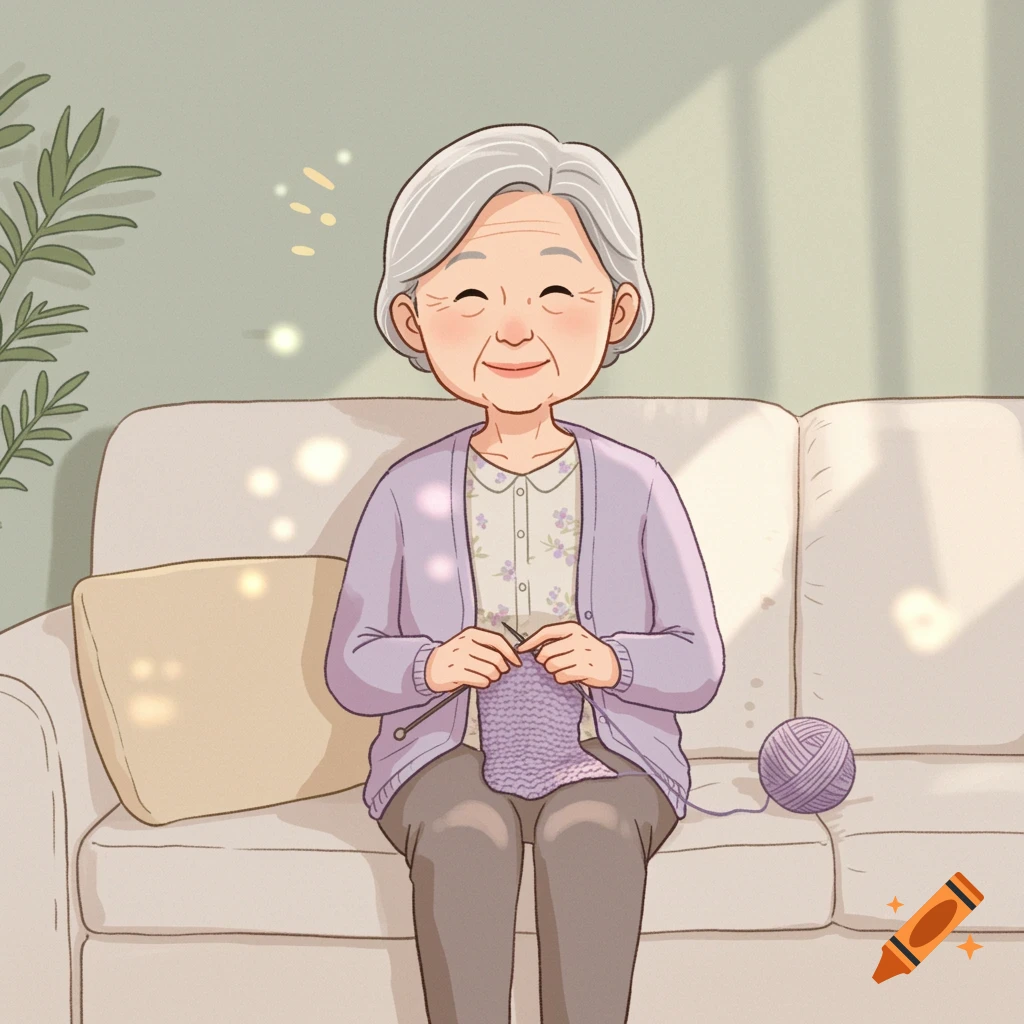 An elderly Asian grandma with a gentle smile knitting on a couch in a cozy living room.