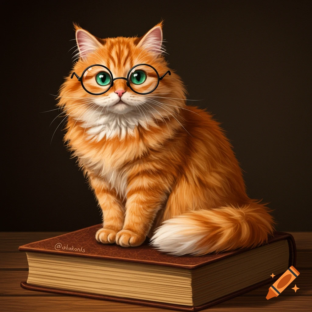 An orange cat wearing glasses is sitting on a book.