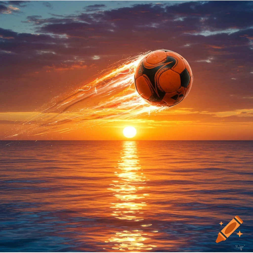 A soccer ball flying over the ocean at sunset with a fiery trail.