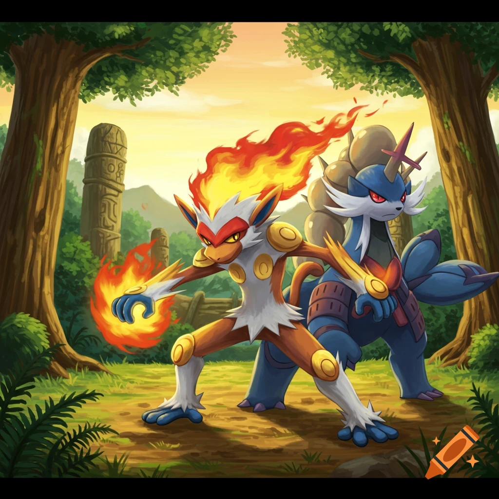Infernape and Hisuian Samurott stand in a forest clearing with ruins