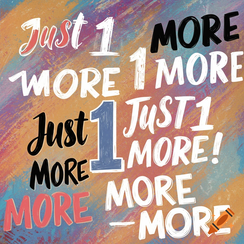 Text repeating 'Just 1 MORE' in various fonts and colors on a brushstroke background.