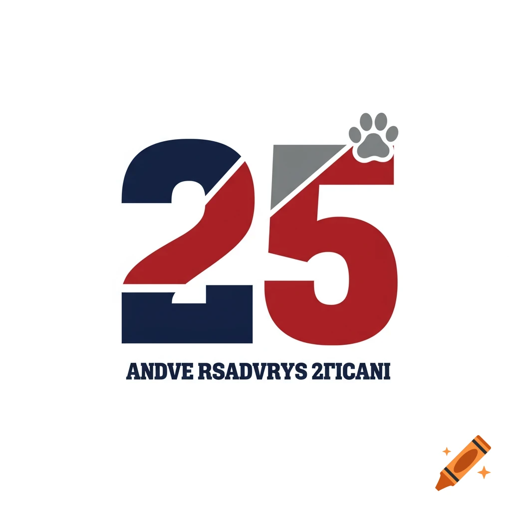 A logo featuring the number 25 in red, navy, and gray, with a gray paw print, and text below.