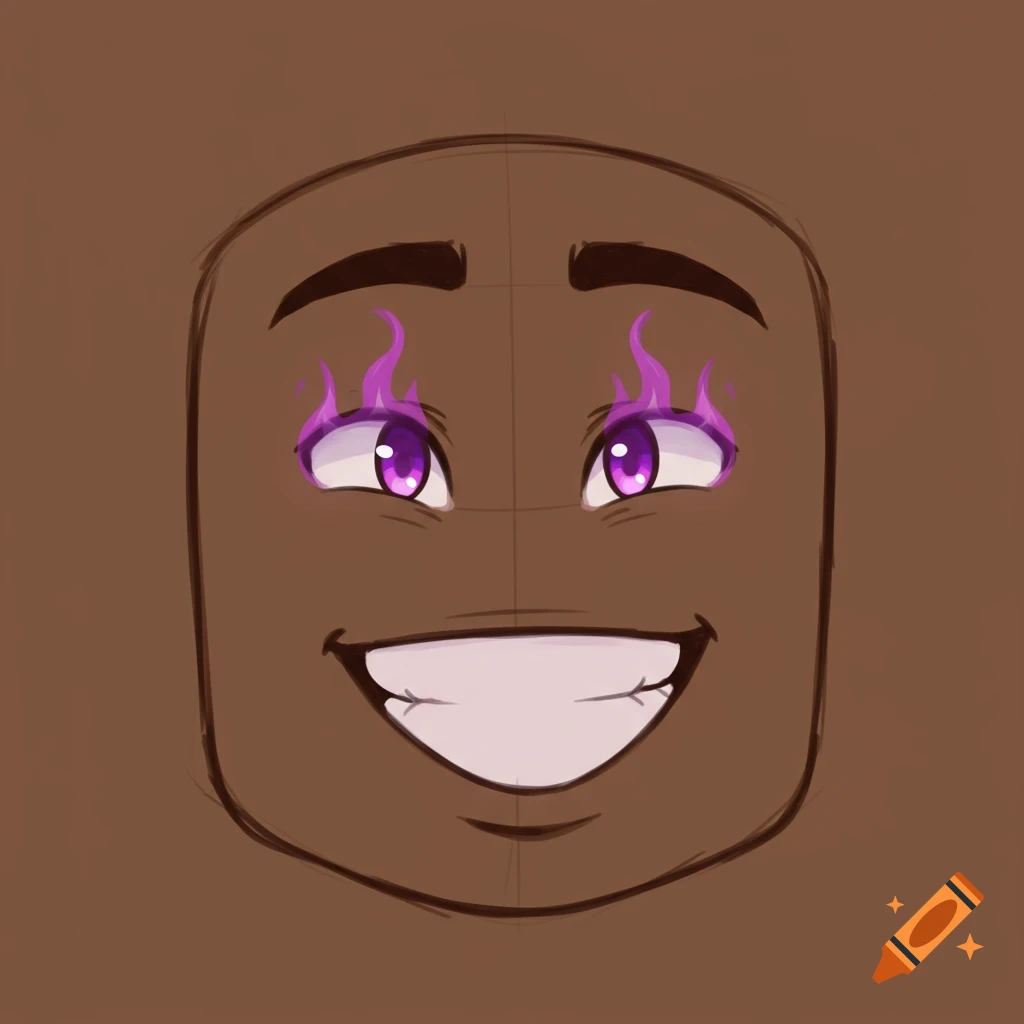 A Roblox face template with brown skin, purple flaming eyes, and a wide smile.