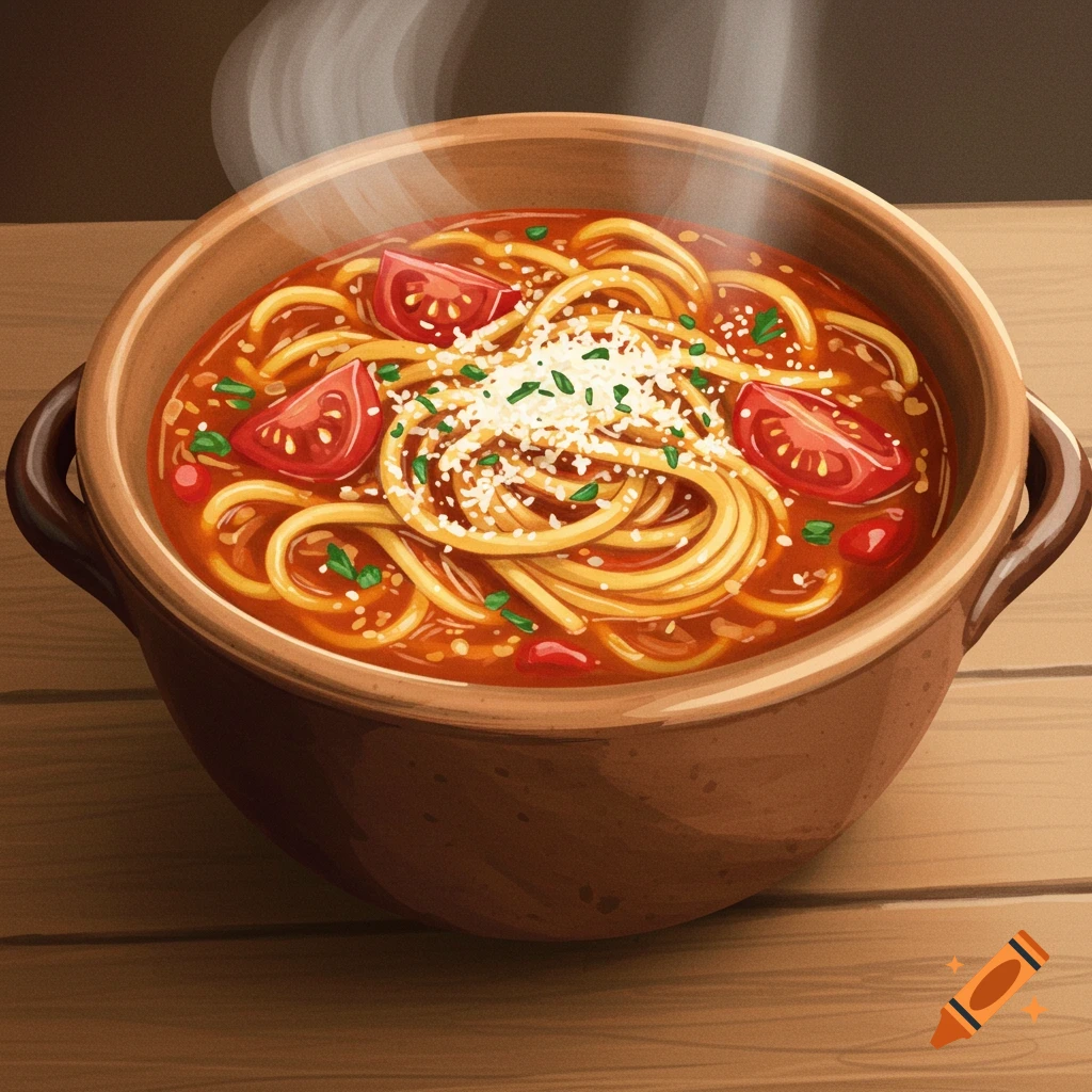 A steaming bowl of spaghetti soup with tomatoes and cheese is on a wooden table.
