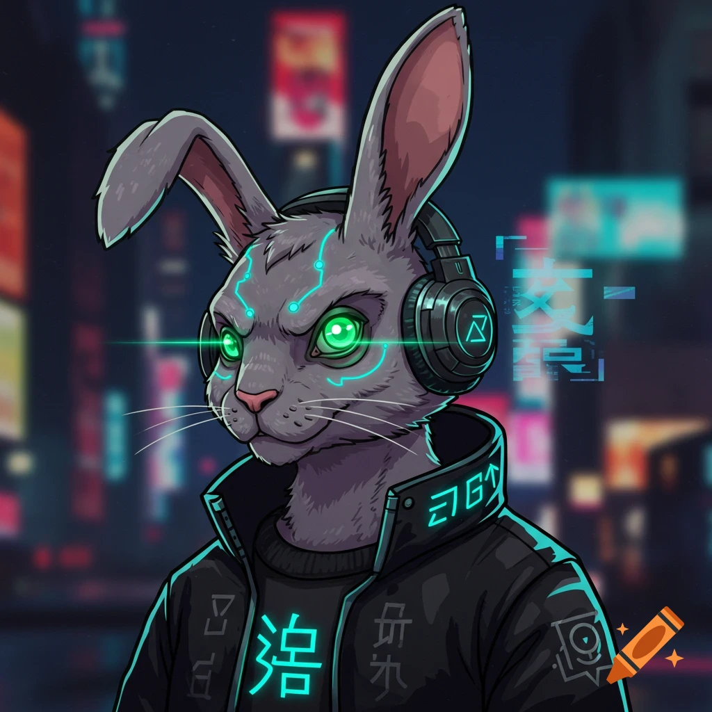 A vector illustration of a cyberpunk rabbit wearing headphones and a jacket in a futuristic city.
