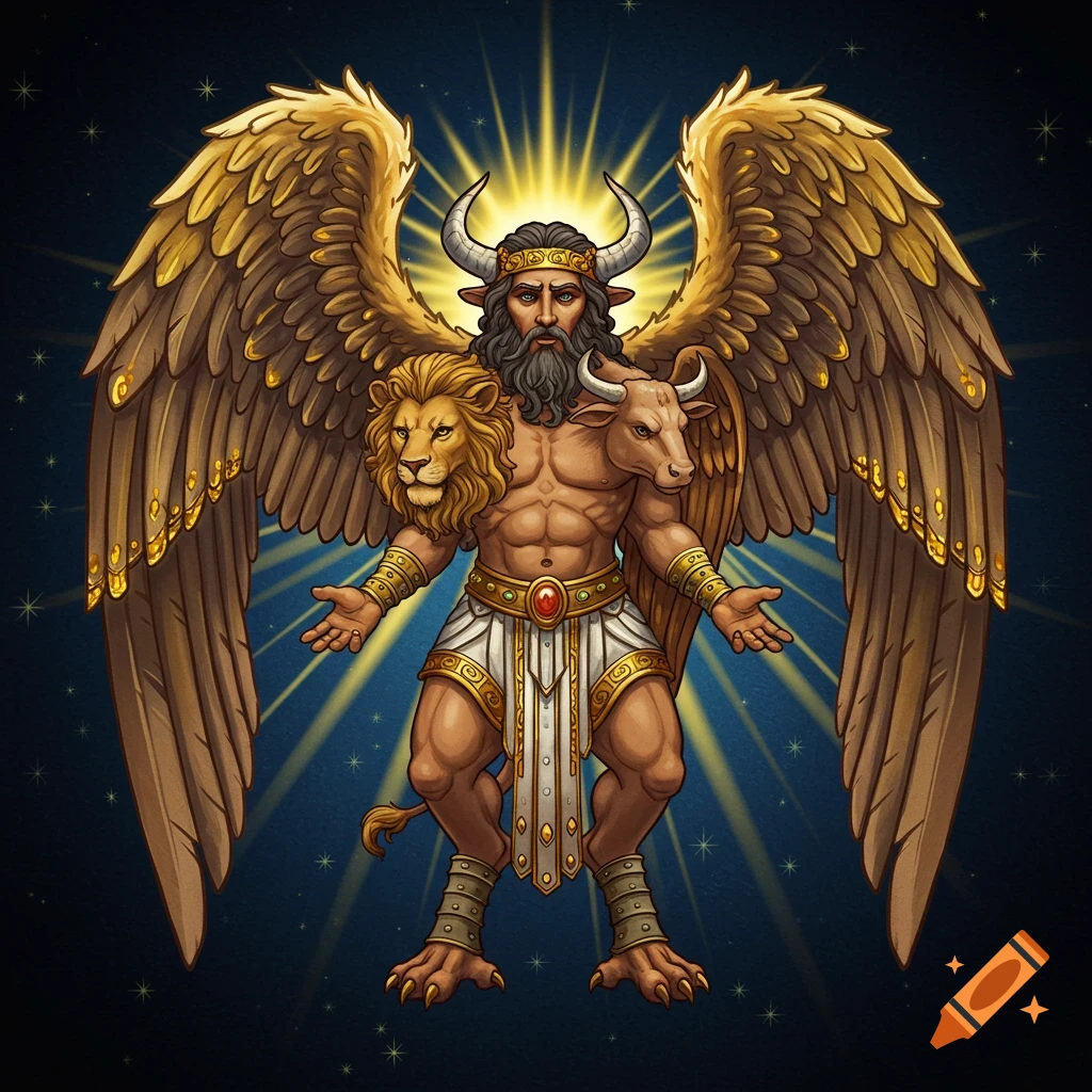 A creature with golden wings, human torso, lion and bull heads, and a horned human head stands against a starry sky with radiant light.