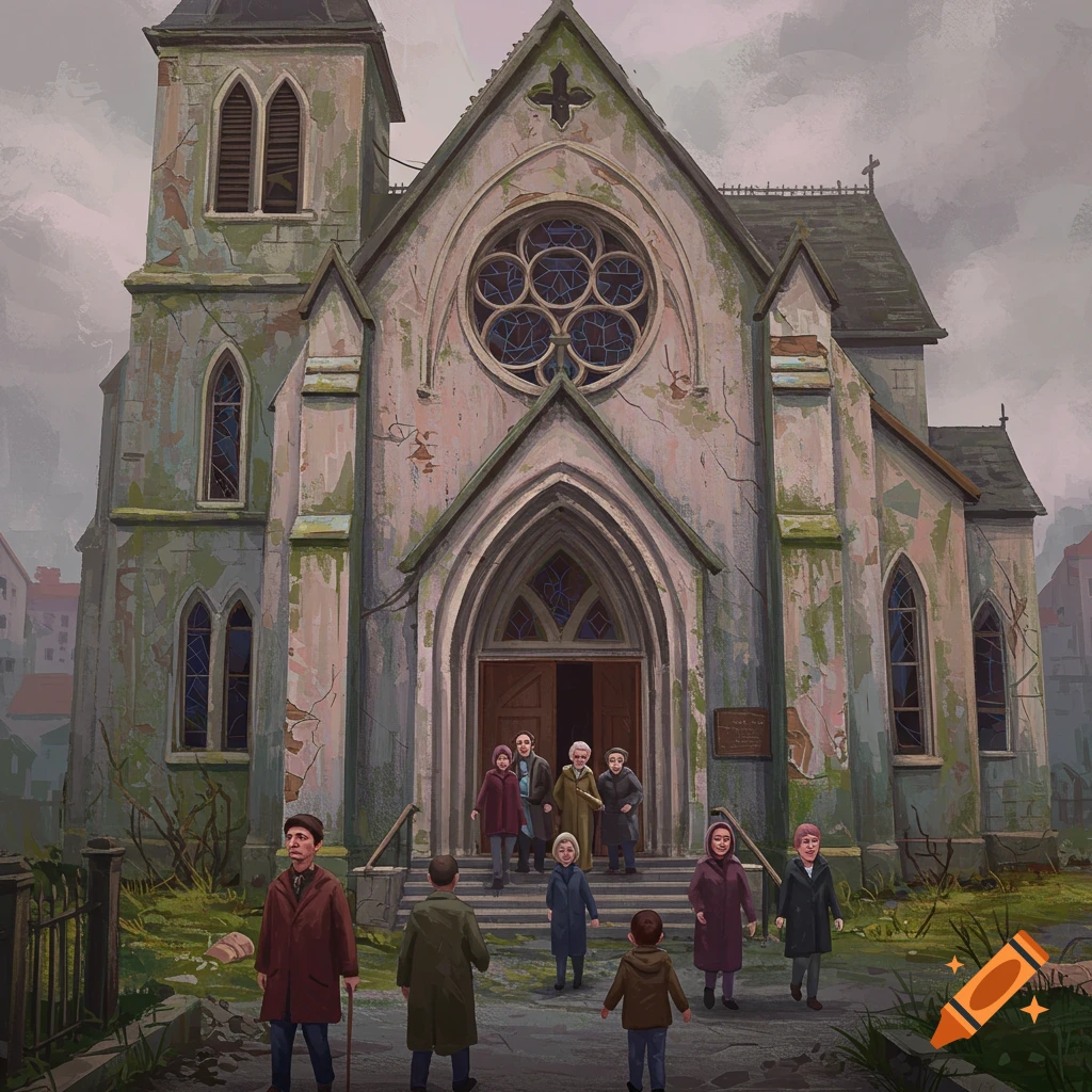 People standing outside a rundown church.
