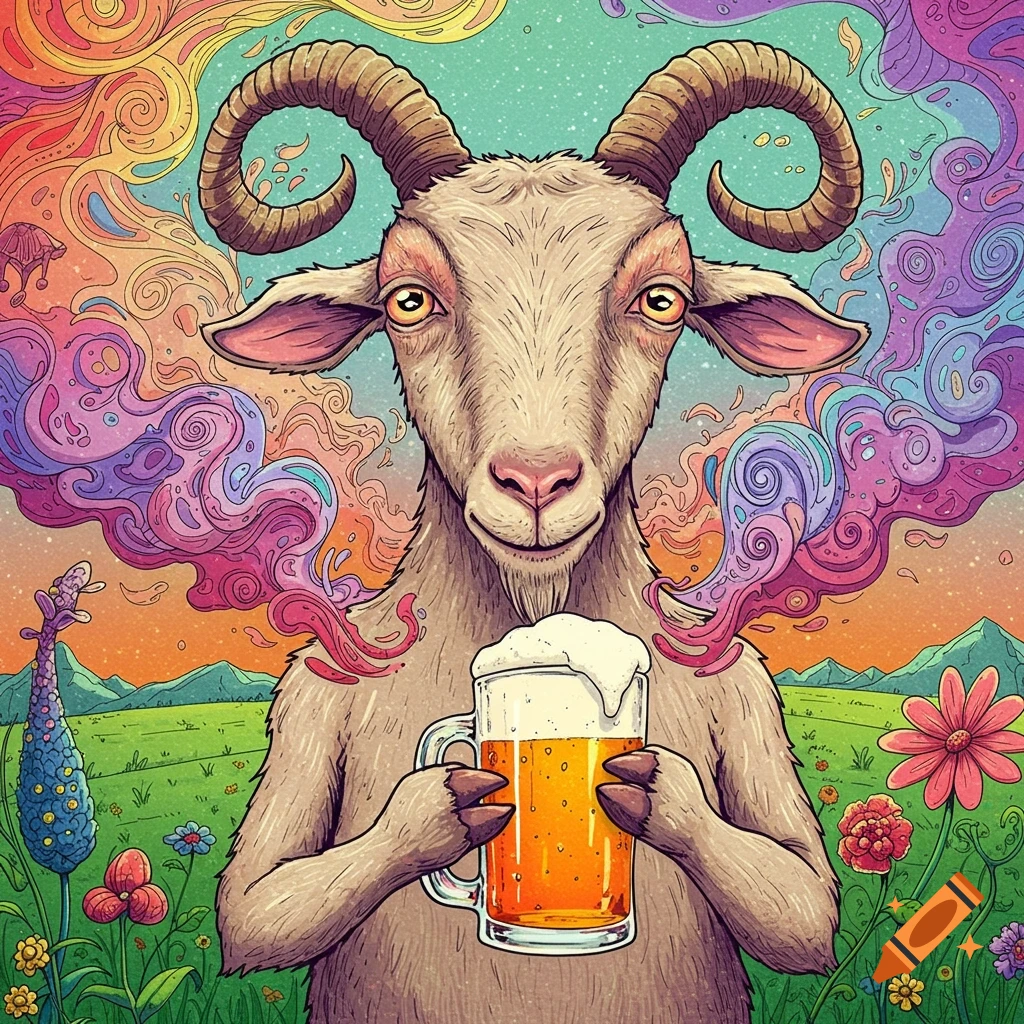 A stylized illustration of a goat holding a mug of beer in a field with flowers and colorful, abstract smoke.