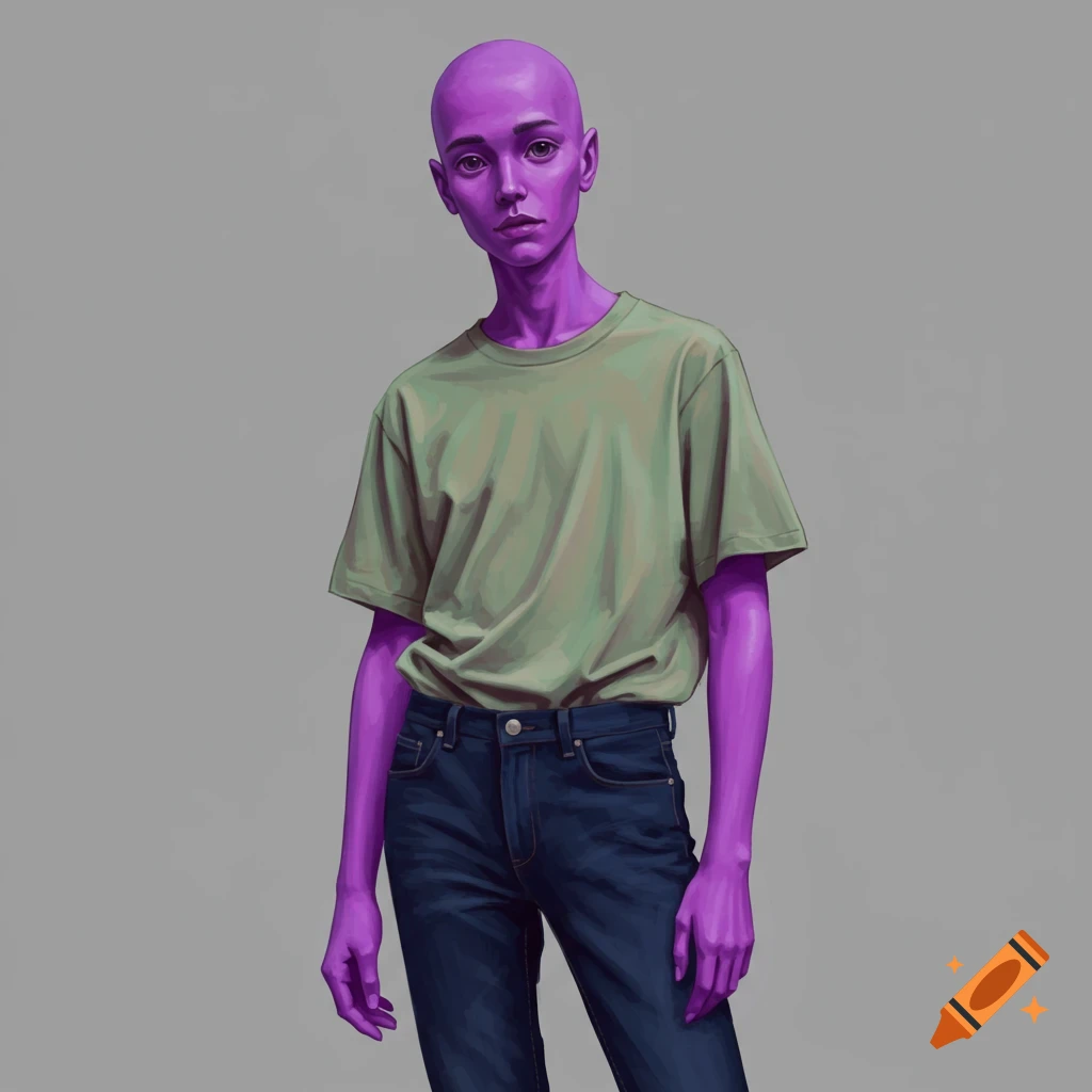 A bald figure with purple skin wears a green t-shirt and jeans.
