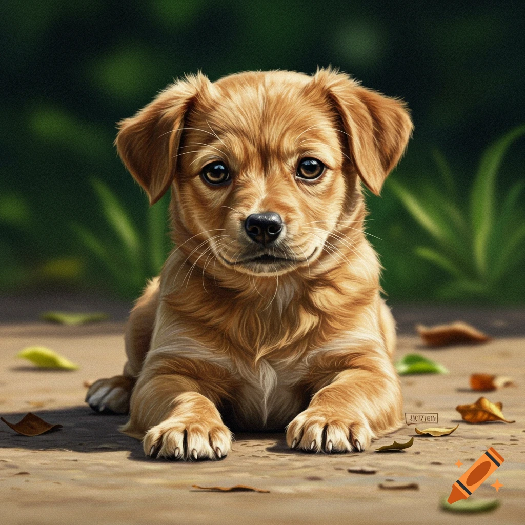 A cute brown puppy lying down outside.