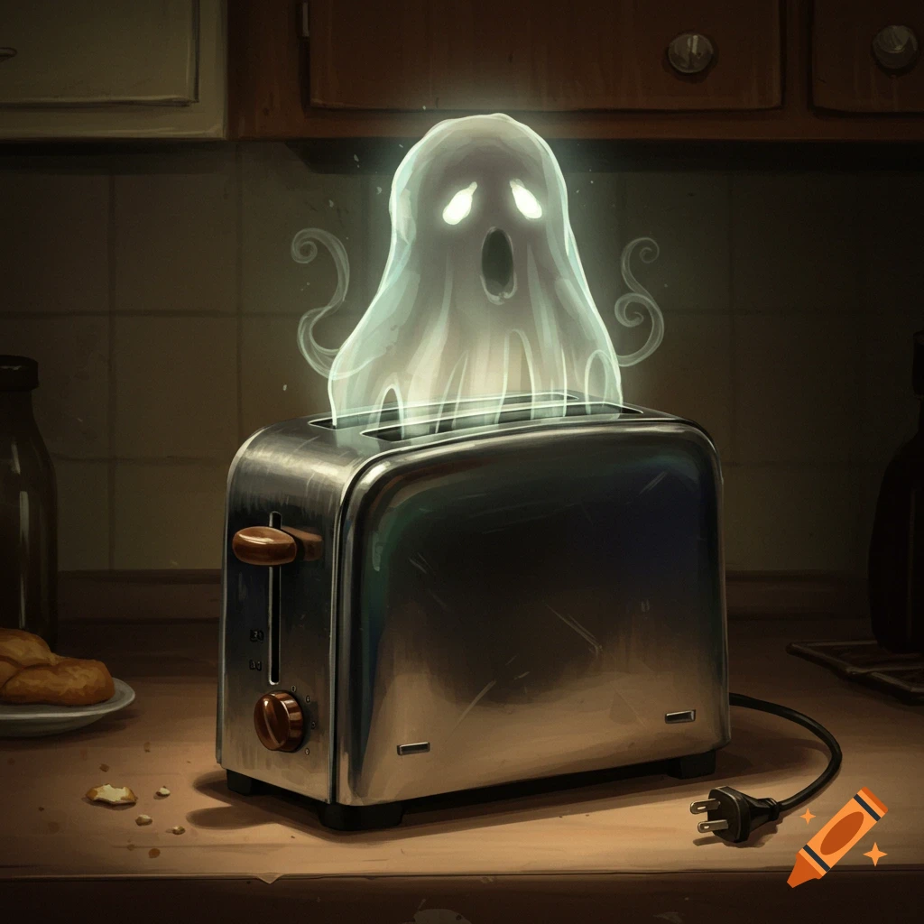 A translucent ghost emerges from a chrome toaster on a kitchen counter.