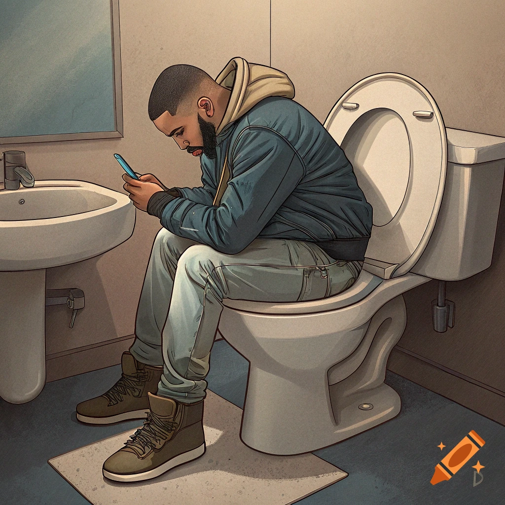 Cartoon illustration of a man resembling Drake sitting on a toilet and looking at his phone.