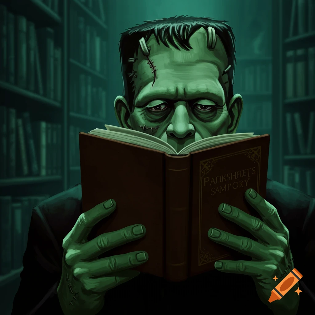 Frankenstein's Monster Reading a Book created on Craiyon