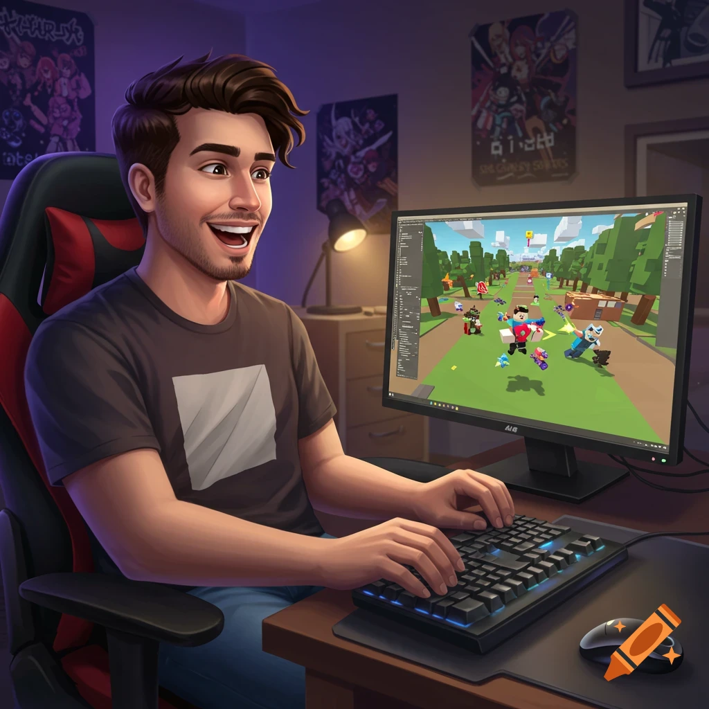 A man is playing a blocky style video game on a PC in a room.