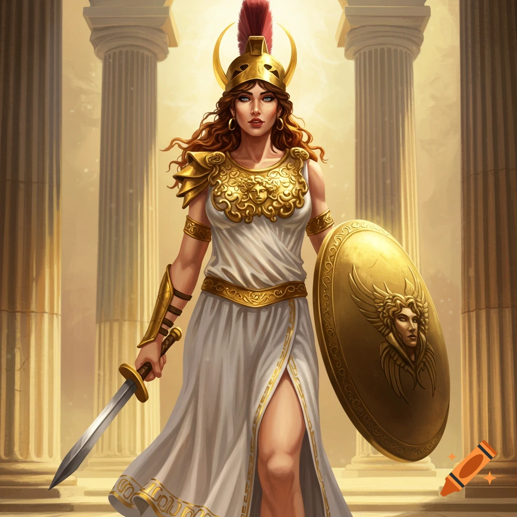 Athena, Greek goddess, in armor with sword and shield before classical columns.