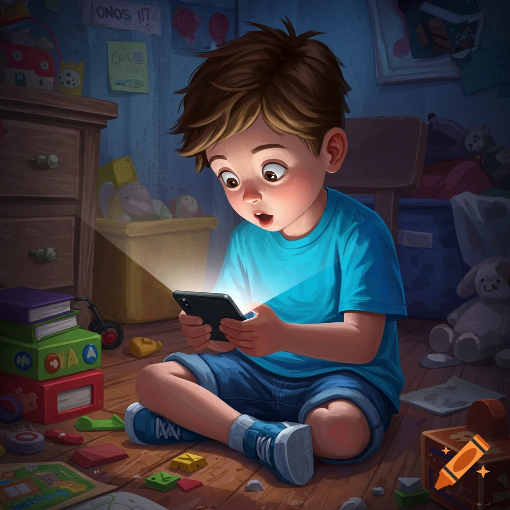 A boy looks intently at a bright phone screen in a messy room with toys.