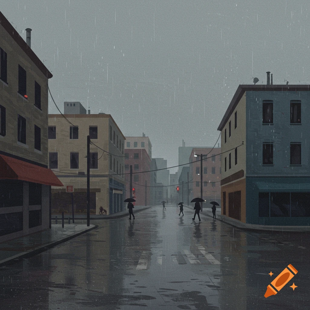 Rainy city street with buildings, people with umbrellas, and wet reflections.