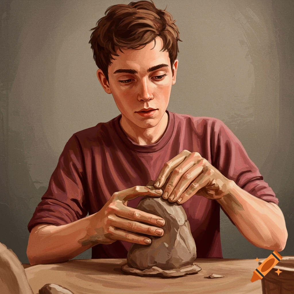 A young person sculpting clay