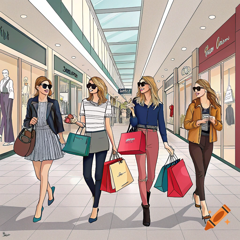 Four women in a stylized illustration walk through a shopping mall carrying bags.