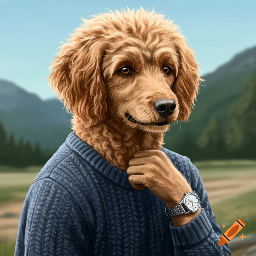 Dog wearing a blue sweater and watch in a mountain landscape.
