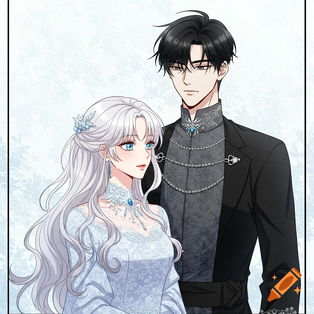 A fantasy couple, a woman with long white hair and a man with black hair, in manhwa novel style.