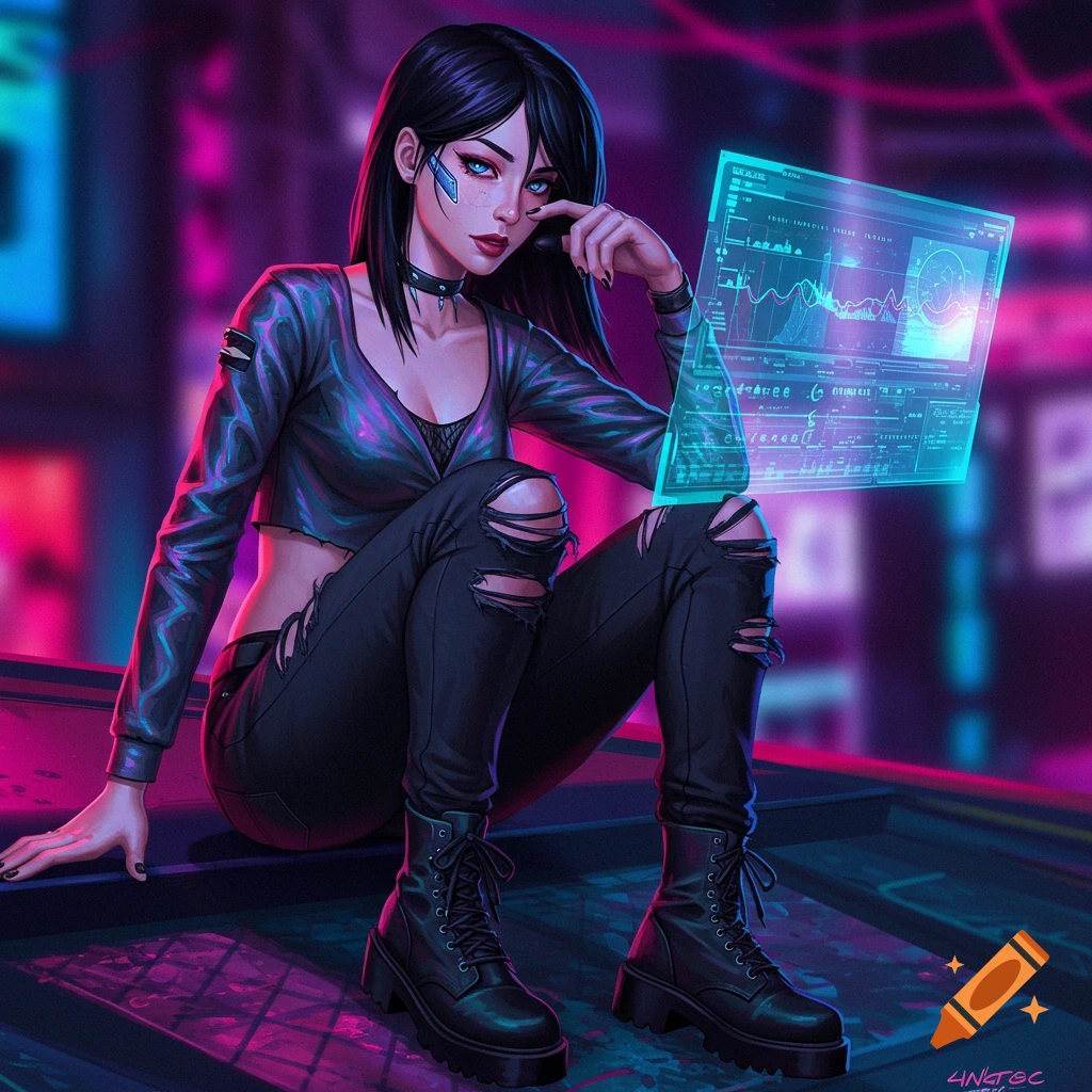 A woman in cyberpunk style is sitting and looking at a glowing holographic screen displaying data.