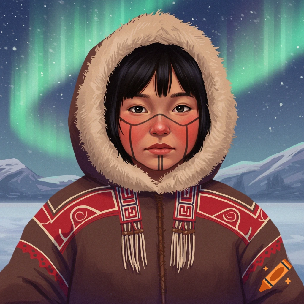 A young person with traditional facial markings in a parka under the aurora borealis.