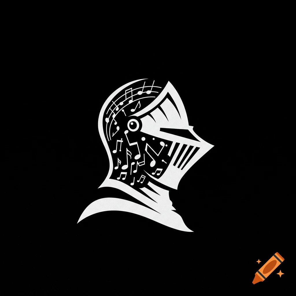 Minimal black and white logo of a knight's helmet filled with musical notes.