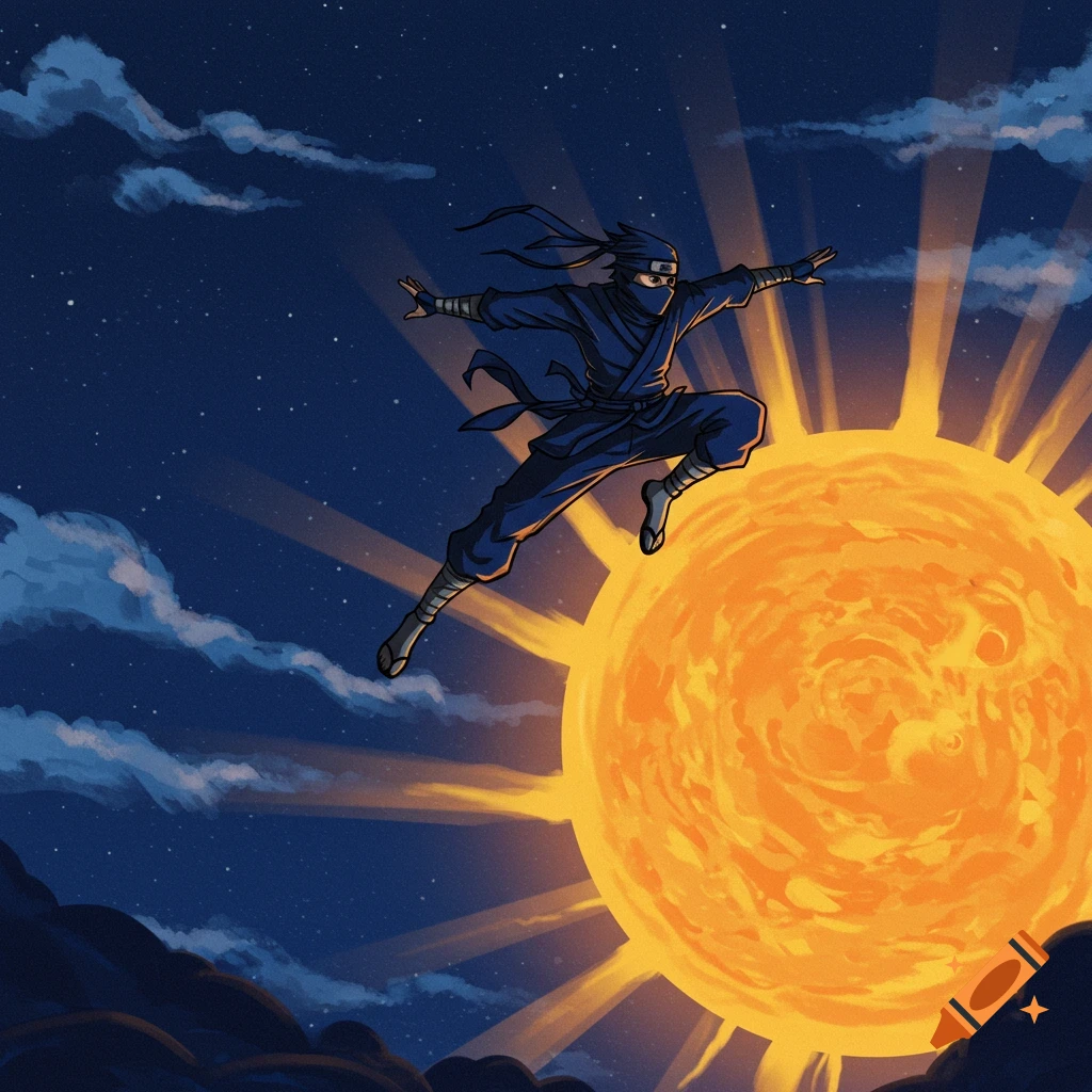 A ninja jumps over the sun in a starry sky