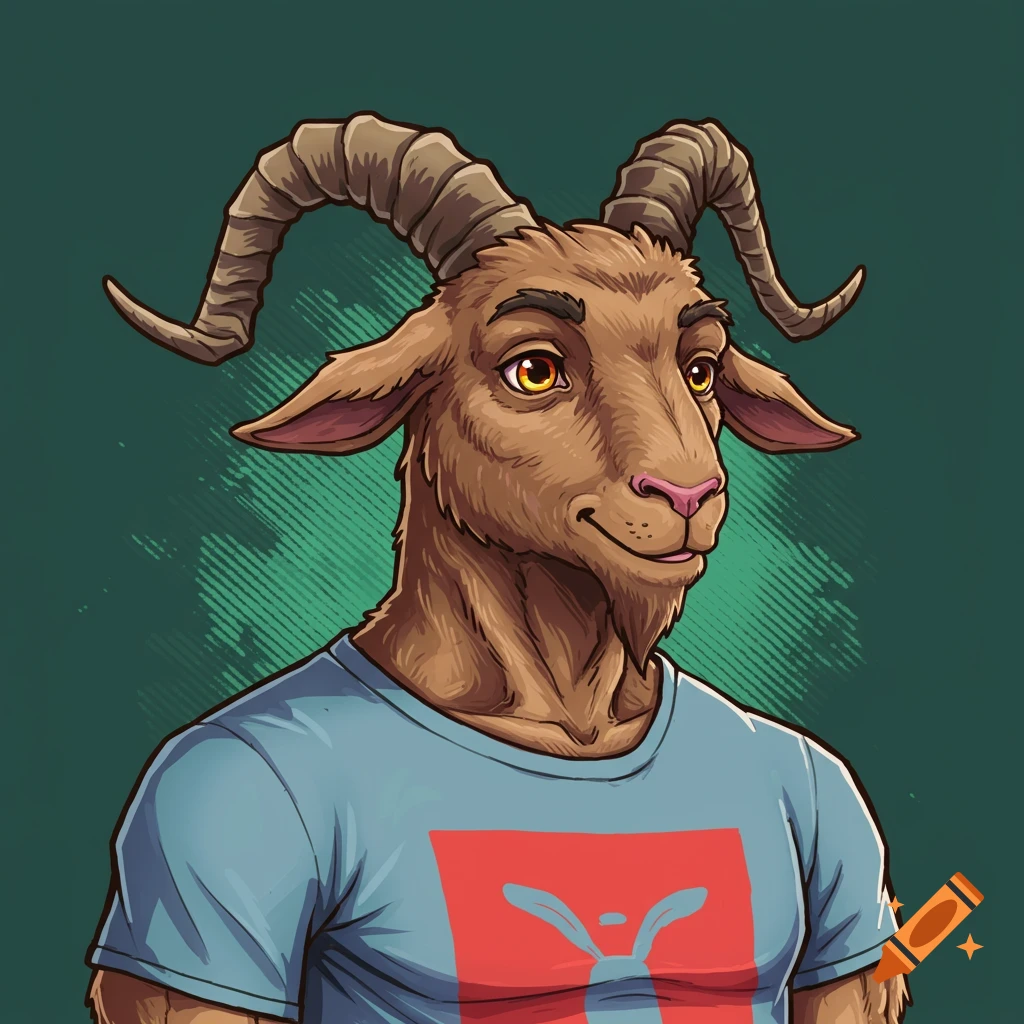 A humanoid goat wearing a blue t-shirt with a red design.