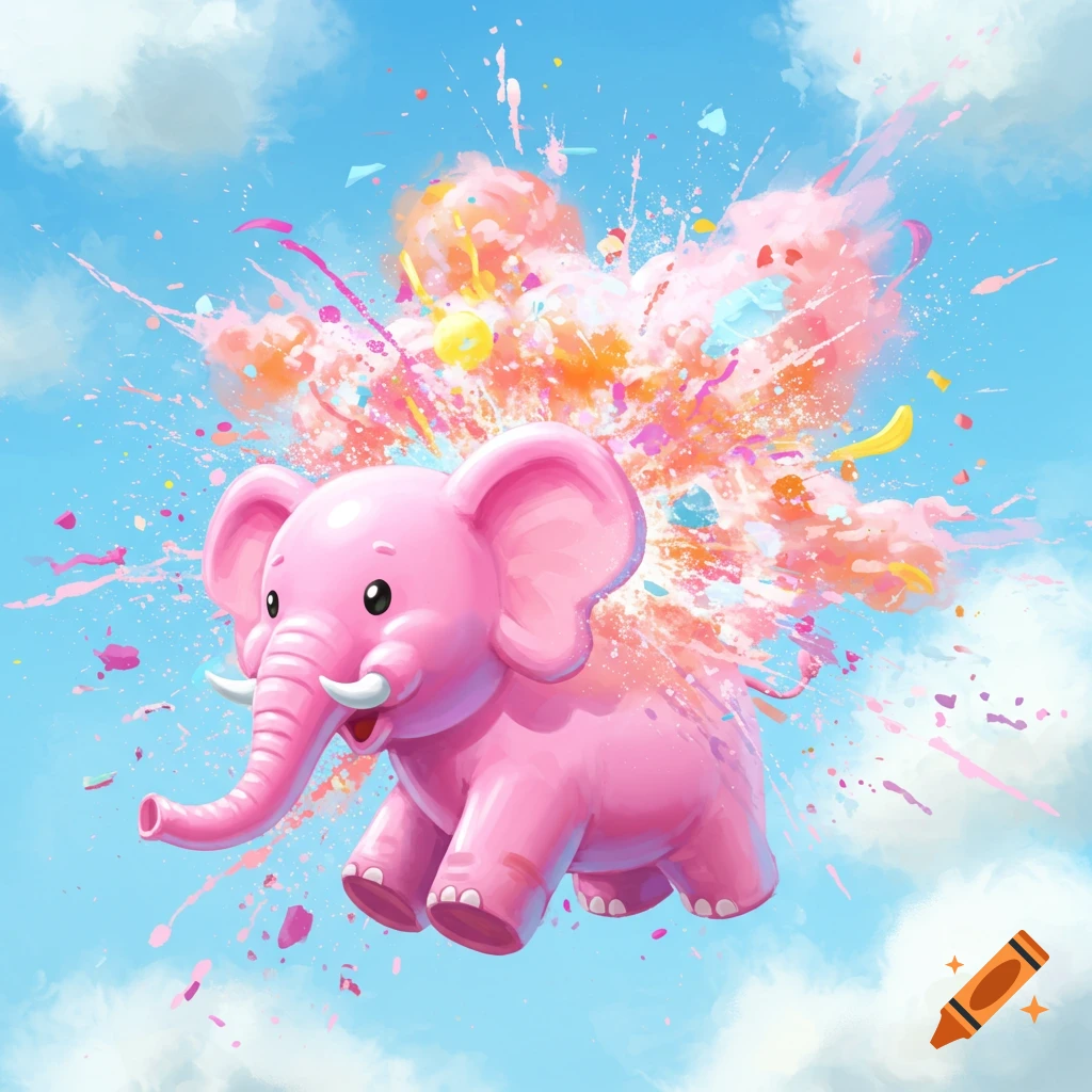 A pink balloon elephant flying in the sky with a colorful explosion of powder behind it.