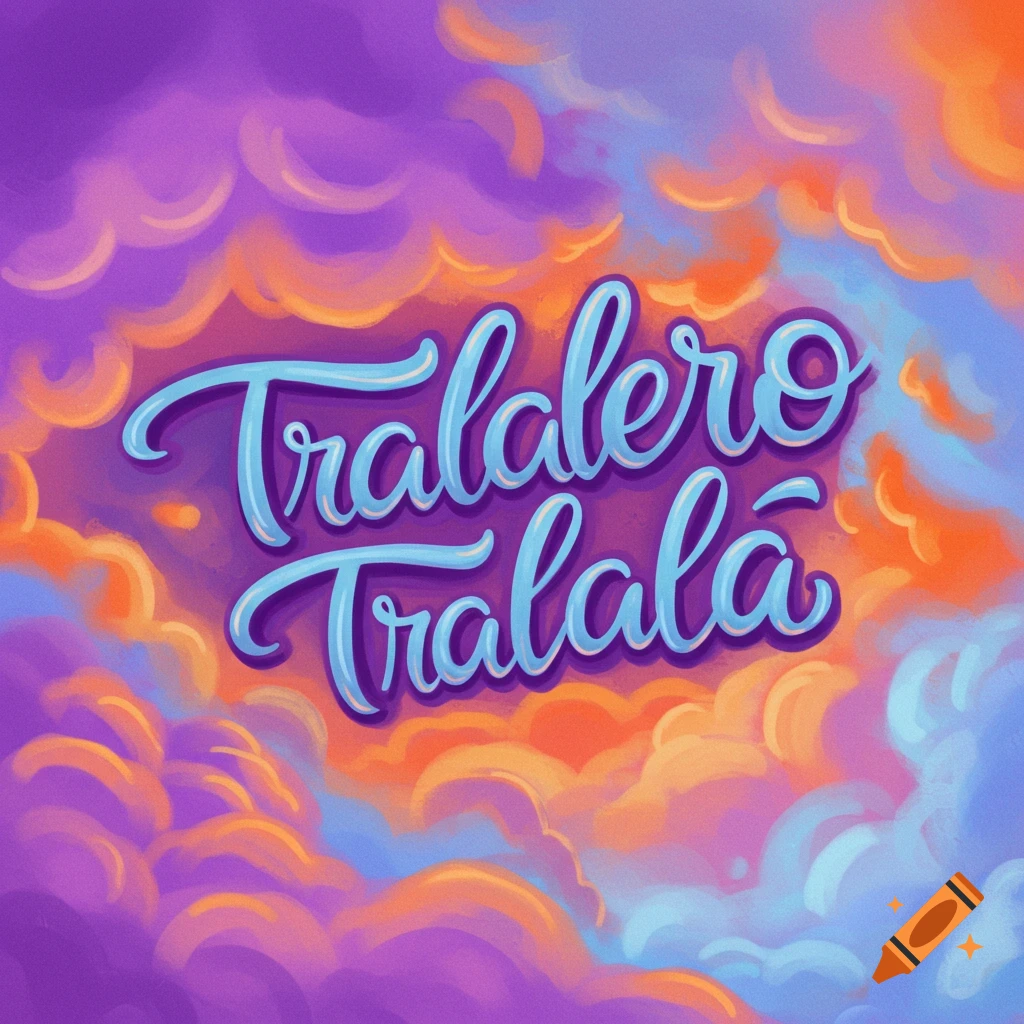"Tralalero Tralala" text over colorful clouds.