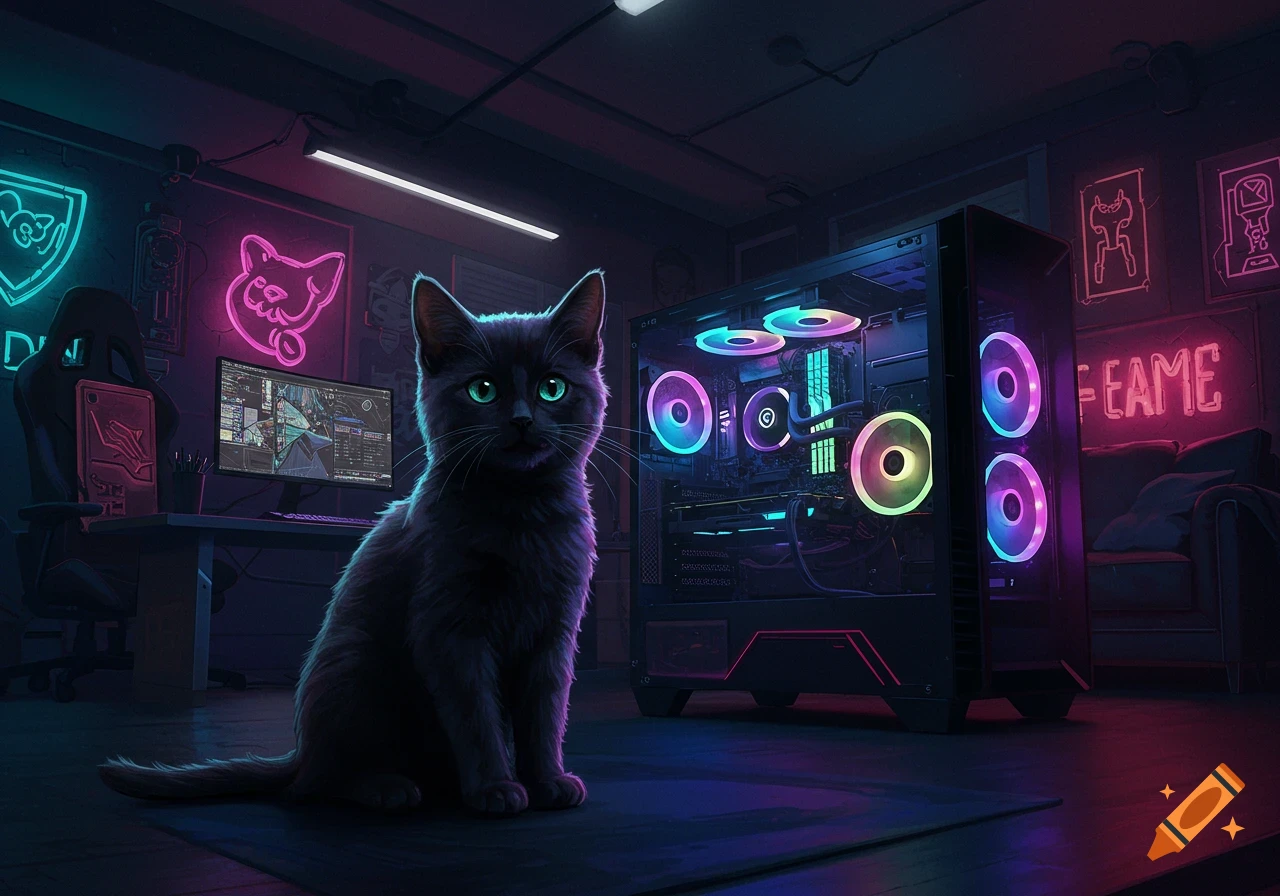 A black cat sits in a dark room in front of a gaming PC glowing with RGB lights. Neon signs are on the walls.