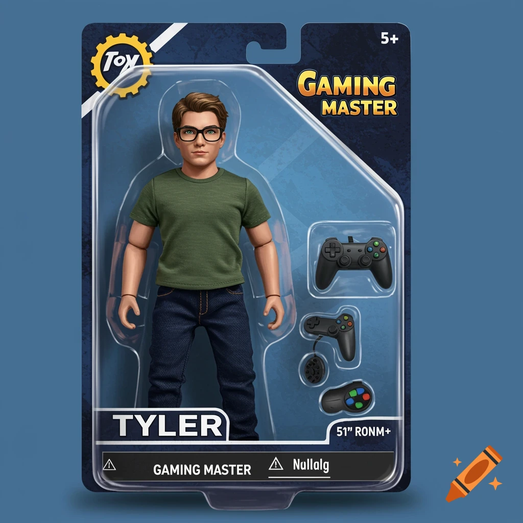 An action figure of a young man named Tyler in toy packaging with gaming controllers.