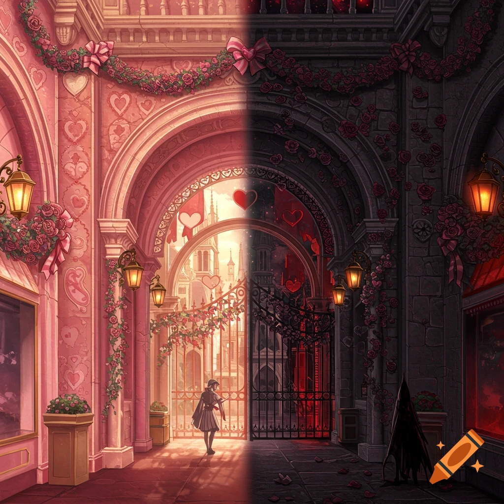 A fantasy theme park entrance split into light pink coquette and dark gothic emo styles, with a person standing in the middle.