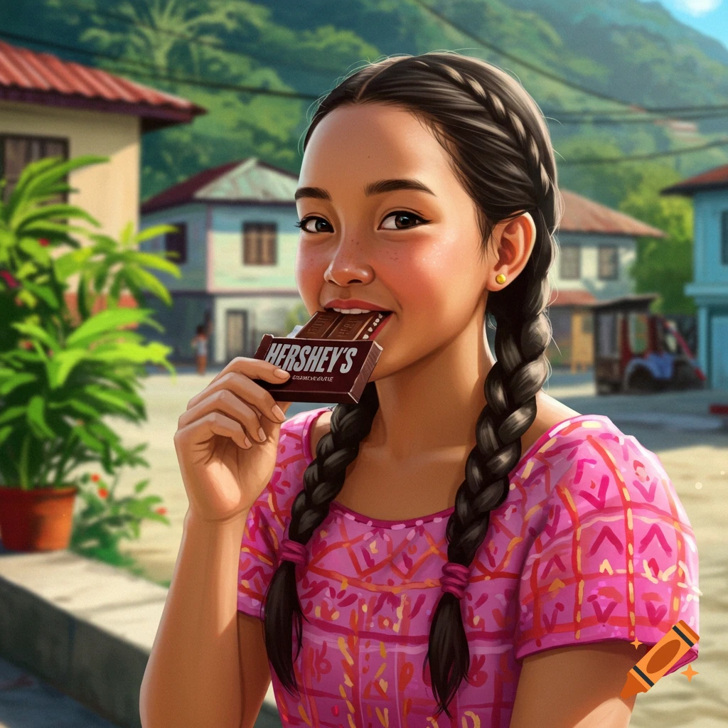Young girl eating a chocolate bar in a village